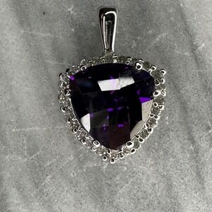 925 Sterling Silver Purple Amethyst Trillion Cut Heart Halo Pendant Necklace
